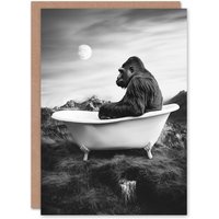 Artery8 Gorilla Ape in Bathtub Black White Valley Surreal Greeting Card in Grey