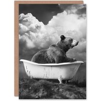 Artery8 Surreal Bear in Bathtub Black White Bath Time Birthday Greeting Card in Grey