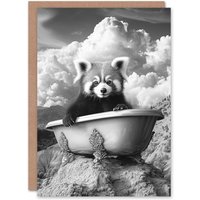 Artery8 Red Panda in Bathtub on Hill Black White Surreal Greeting Card in Grey