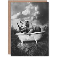 Artery8 Rhino in Bathtub Black White Bath Time Surreal Birthday Greeting Card in Grey