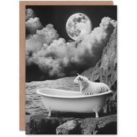 Artery8 Sheep in Bathtub Surreal Black White Full Moon Birthday Greeting Card in Grey