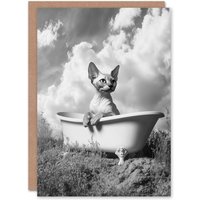 Artery8 Sphinx in Bathtub Black White Surreal Cat Lover Birthday Greeting Card in Grey