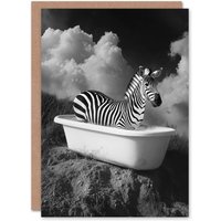 Artery8 Zebra Bath Time in Bathtub Black White Surreal Birthday Greeting Card in Grey