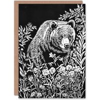 Artery8 Bear in Wildflower Meadow Black White Floral Birthday Greeting Card