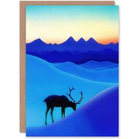 Artery8 Reindeer Arctic Landscape Snow Watercolour Christmas Greeting Card in Blue