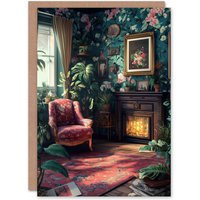 Artery8 Plant Lover Cozy Fireplace Floral Tapestry Birthday Greeting Card