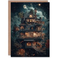 Artery8 The Burrow Witch Home at Night Conceptual Art Birthday Greeting Card in Blue