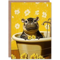 Artery8 Cute Pygmy Hippo Bath Time Yellow Daisy Bathroom Greeting Card