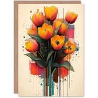 Artery8 Tulip Bouquet Modern Floral Abstract Painting Birthday Greeting Card in Orange