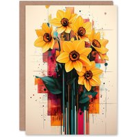 Artery8 Daffodil Bouquet Modern Floral Abstract Painting Greeting Card in Yellow