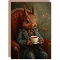 Artery8 Red Squirrel Tea on Armchair Victorian Portrait Birthday Greeting Card in Brown