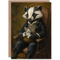 Artery8 Victorian Animals Fantasy Badger with a Kitten Birthday Greeting Card in Brown