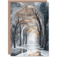 Artery8 Marble Forest Fantasy Autumn Tree Dreamy Tunnel Birthday Greeting Card in Grey