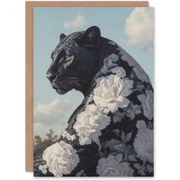Artery8 Black Panther White Rose Flower Pattern Fur Coat Greeting Card