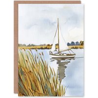 Artery8 Norfolk Broads England River Sailboat Watercolour Greeting Card in Light Blue