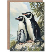 Artery8 Penguins with Baby Animal Family Portrait Birthday Greeting Card in Green