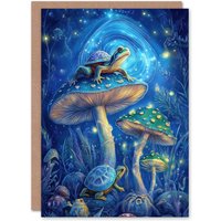 Artery8 Turtle Frogs Magic Mushrooms Psychedelic Fantasy Greeting Card in Blue