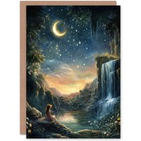 Artery8 Wendy in Neverland Lake Magical Forest Waterfall Greeting Card in Blue