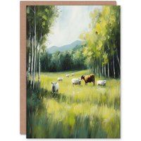 Artery8 Sheep Cows Grazing Countryside Field Painting Birthday Greeting Card in Green
