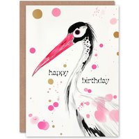 Artery8 Birthday Card Oriental Stork Pink Gold Black Bird Drawing