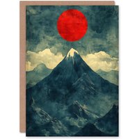 Artery8 Japan Alps Red Sun Mountain Range Landscape Birthday Greeting Card in Blue