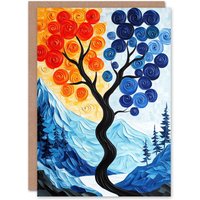 Artery8 Autumn To Winter Tree Folk Art Mountain Landscape Birthday Greeting Card in Blue