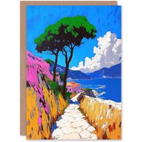 Artery8 Santorini Greece Coastal Path Colourful Landscape Birthday Greeting Card in Blue