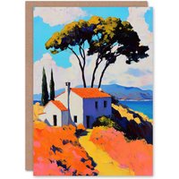 Artery8 Italian Seaside Villa in Spring Vibrant Painting Birthday Greeting Card in Orange