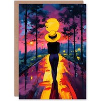 Artery8 Woman Walk Into Sunset Colourful Vibrant Painting Birthday Greeting Card in Purple