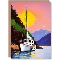 Artery8 Harbour Sunset Docked Sailboat Coastal Landscape Bon Voyage Greeting Card