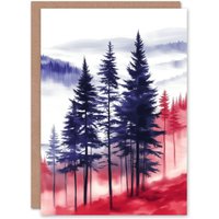 Artery8 Misty Pine Tree Forest Blue Red Landscape Birthday Greeting Card
