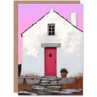 Artery8 Scottish White Bothy Cottage With Red Front Door Birthday Greeting Card in Pink