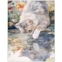 Artery8 Cat Lover Cute Kitten Pond Lake Watercolour Wall Art Print | Size: W12" x H16"