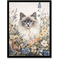 Artery8 Pet Portrait in Spring Flowers Ragdoll Cat Lover Framed Art Print in Pink | Size: A4