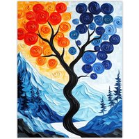 Artery8 Autumn To Winter Tree Folk Art Mountain Landscape Wall Art Print in Blue | Size: W12" x H16"