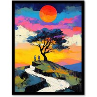 Artery8 Couple Watching Sunset Hilltop Colourful Romantic Framed Art Print | Size: A4
