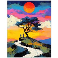 Artery8 Couple Watching Sunset Hilltop Colourful Romantic Wall Art Print | Size: W24" x H32"