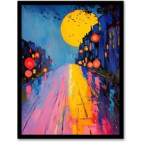 Artery8 Full Moon Night City Street Colourful Abstract Framed Art Print | Size: A4