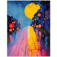 Artery8 Full Moon Night City Street Colourful Abstract Wall Art Print | Size: W18" x H24"