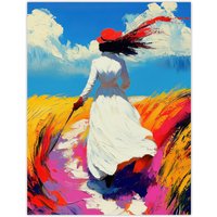Artery8 Lady Walking Through Windy Wheat Field Landscape Wall Art Print in Blue | Size: W18" x H24"