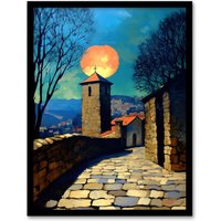 Artery8 Sunset Sun Over Medieval Sicily Village Travel Framed Art Print in Blue | Size: W12" x H16"