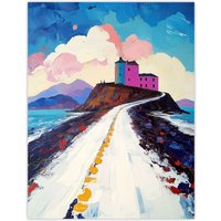 Artery8 Lindisfarne Island in Winter Colourful Coastal Wall Art Print in Blue | Size: W18" x H24"