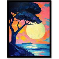 Artery8 Tree Silhouette By Sea Large Sunset Sun Seascape Framed Art Print in Pink | Size: A4