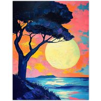 Artery8 Tree Silhouette By Sea Large Sunset Sun Seascape Wall Art Print in Pink | Size: W18" x H24"