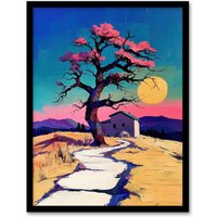 Artery8 Cottage Cherry Blossom Tree Sunrise Landscape Framed Art Print in Blue | Size: A4