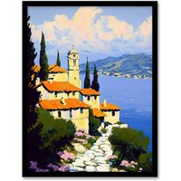 Artery8 Christian Church Coastal Cliff Italy Landscape Framed Art Print in Blue | Size: A4