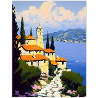 Artery8 Christian Church Coastal Cliff Italy Landscape Wall Art Print in Blue | Size: W24" x H32"