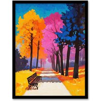 Artery8 Park Bench Colourful Tree Path Vibrant Landscape Framed Art Print | Size: A4