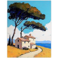 Artery8 Holiday Cottage By Sea Coastal Spain Painting Wall Art Print in Blue | Size: W18" x H24"