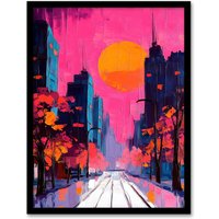 Artery8 City Street Autumn Pink Sunset Sky Cityscape Framed Art Print | Size: A4
